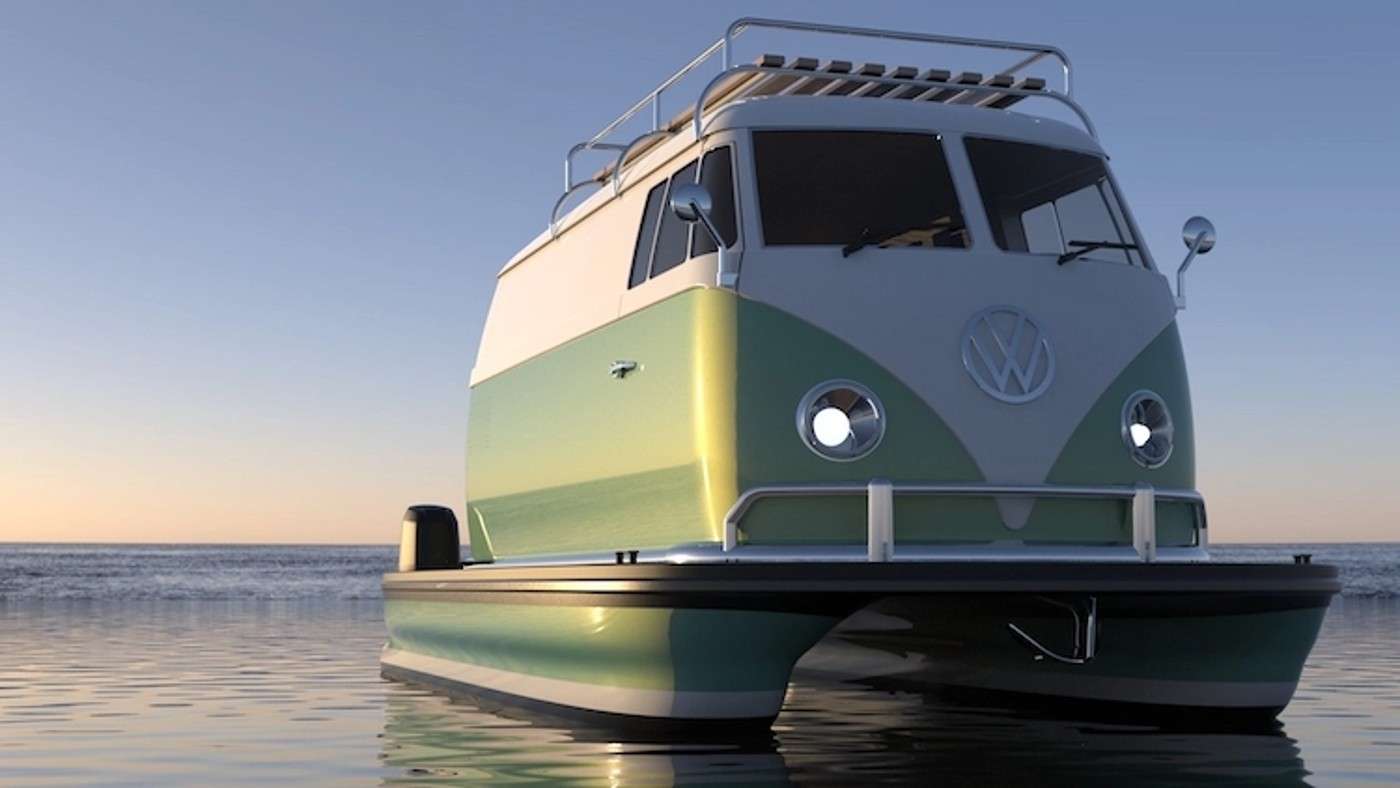 They've Designed a Livable Pontoon Boat Inspired by a Volkswagen Bus 