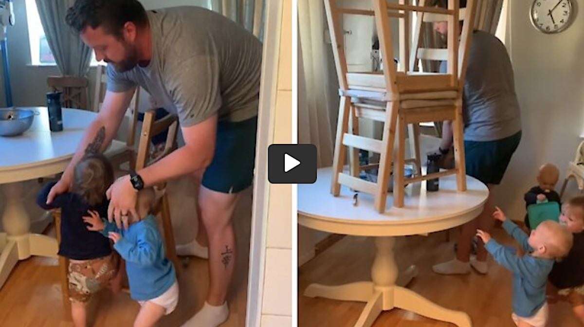 Dad Hilariously Struggles to Keep Triplets From Climbing Furniture (Watch) 